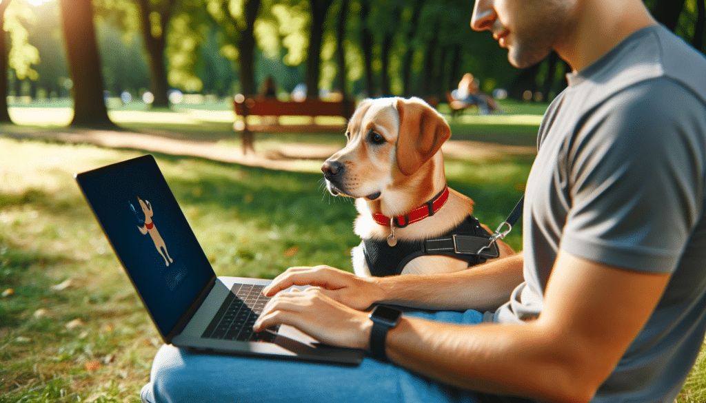 Online Hundeschule - Eine Person mit einem Laptop sitzt in einem Park und nimmt an einem Online-Hundetraining teil. Ihr Hund, der ein Trainingsgeschirr trägt, sitzt neben ihr.