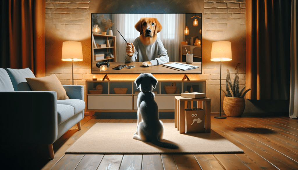 Ein gemütliches Wohnzimmer, in dem ein Hund ein Online-Hundetraining-Webinar auf einem großen Fernseher anschauen.