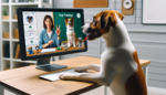 Online Hundeschule -Hund sitzt auf dem Schreibtisch und schaut auf den Monitor