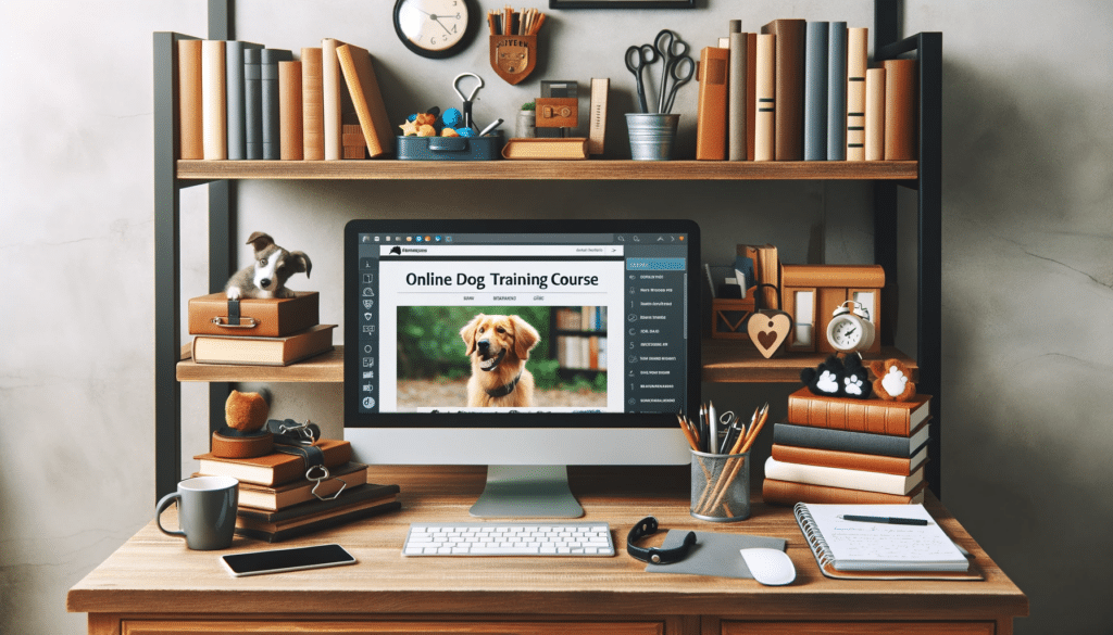 Vielzahl von Hundetrainingsbüchern und ein Monitor mit einer Online Hundeschule zu sehen